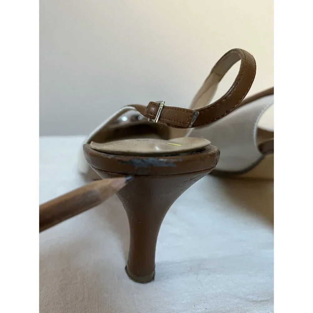 Y2K Vintage Leather Slingback Kitten Heel Spectator Pumps Cap Toe Brown White - Picture 9 of 11
